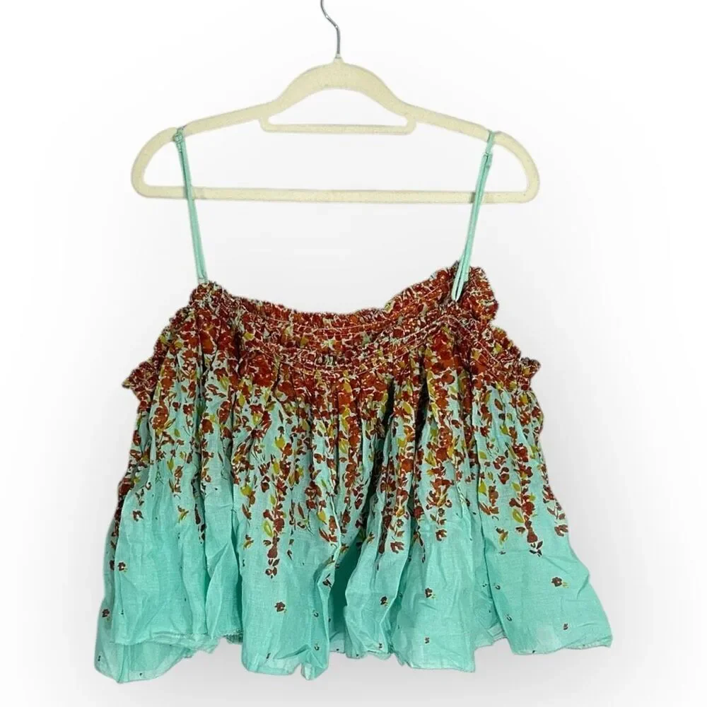 Free People L2146 Turquoise Instant Crush Printed Top Women's Size Large NEW